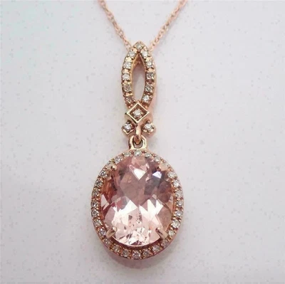 2Ct Oval Cut Morganite Halo Ladies Pendant 14K Rose Gold Finish With Free Chain - Image 1 of 4