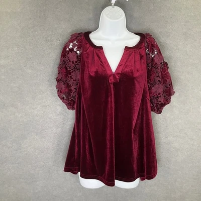 Top túnica de terciopelo Umgee talla M borgoña floral encaje mangas abullonadas romántico femenino Foto 1 de 4