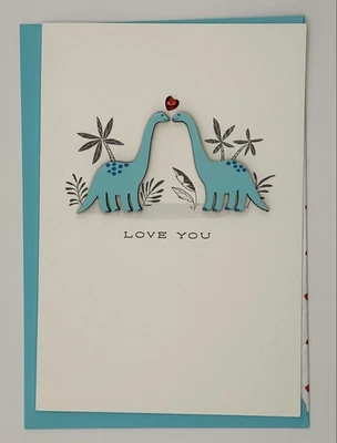 ** TARJETA DE FELICITACIÓN TE AMO ** DINOSAURIOS EMBELLECIDOS/MADERA/DULCE MENSAJE Foto 1 de 3