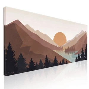 Pintura Boho Chic Ilustración De Paisaje Puesta De Sol Sobre Las Montañas Con Re - Imagen 1 de 6