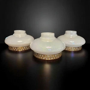 Vintage Art Deco Iridescent Glass Slip Shade Set of 3 Gold Leaf Filagree READ - Picture 1 of 14