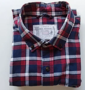 Mens Check Short Sleeve Shirt Size Medium Red Herring Navy Red White Cotton - Picture 1 of 12