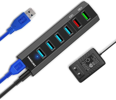 VANSUNY 6-Port USB Hub Powered USB 3.0 Hub with 4 Fast Data Transfer Port Black - Image 1 of 4