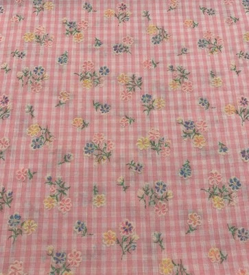 Vtg Flocked Fabric Pink Gingham Neon Floral Check Plaid Doll Bows Large Remnant - Image 1 of 4