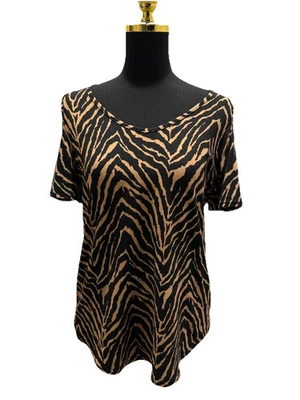 Animal Print Black & Camel Cold Shoulder Short Sleeve V-Neck Top, Medium - Image 1 of 4