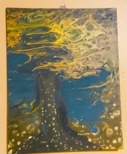 Baum des Lichts Abstrakt Acryl Pour Gold Türkis Gemälde 8x10 Signiert - Bild 1 von 2