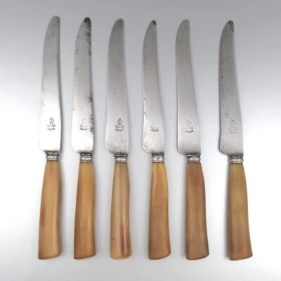 Антикварные французские ножи, рожковые ручки серебряные ошейники, лавровая корона, штампованный Париж - Изображение 1 из 4