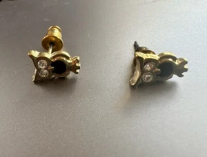 Vintage Owl Earrings Bird Gold Tone Black Enamel Rhinestone Pierced Stud - Picture 1 of 8