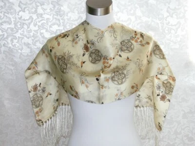 Bufanda 2 Capas Nueva 100% Seda Oblonga Pájaro y Flor en Color Marfil - última Foto 1 de 3