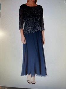 J Kara Women's Petite floral Beaded Pop Over Gown Navy/Luster/Grey Size 14P - Picture 1 of 7
