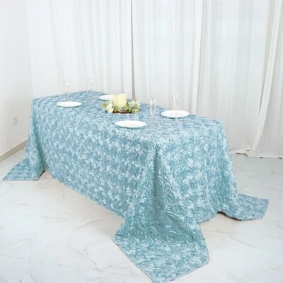 Light Blue RIBBON ROSES 90x132" RECTANGLE TABLECLOTHS Wedding Catering Linens - Image 1 of 4