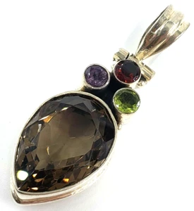 Sterling Silver Pendant Womens Smoky Quartz Peridot Amethyst Garnet Multi Stone - Picture 1 of 9