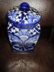 Pottery Talavera Cobalt Blue & White Mexican Folk Art Storage Jar Canister 12" - Picture 1 of 11