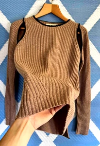 Zara ' SRPLS Ribbed Wool Cut Out Knit Jumper ' Women's Beige Medium Rare VGC - Picture 1 of 11