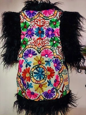 Hot Antique Bohemian Look Print Embroidery Vest with black faux fur for occasion - Image 1 of 4
