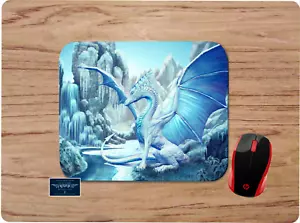 WHITE DRAGON FANTASY ART FROZEN WATERFALL BLUE CUSTOM PC DESK MAT MOUSE PAD - Picture 1 of 1