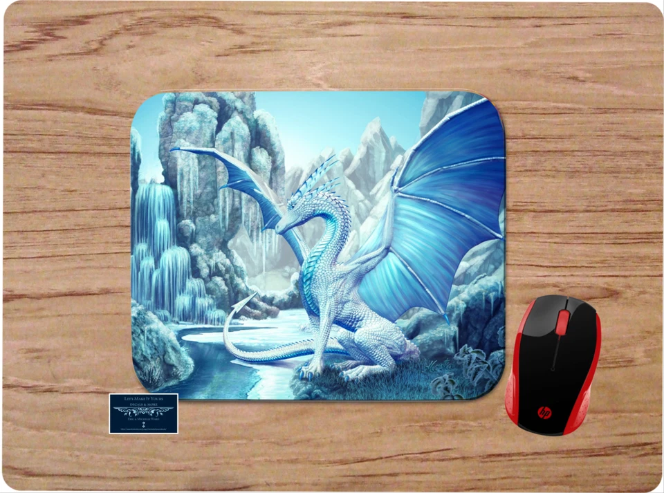 WHITE DRAGON FANTASY ART FROZEN WATERFALL BLUE CUSTOM PC DESK MAT MOUSE PAD  - Image 1 of 1