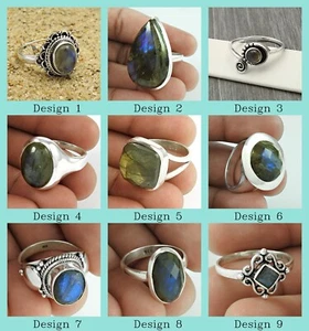 Natural Labradorite Gemstone 925 Silver Handmade Ring Size 8 Gift For Women Girl - Picture 1 of 22