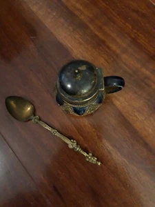 DOULTON LAMBETH 3"MINI Pottery Mustard Jar with Spoon 1879 Silver or plated LID - Picture 1 of 12