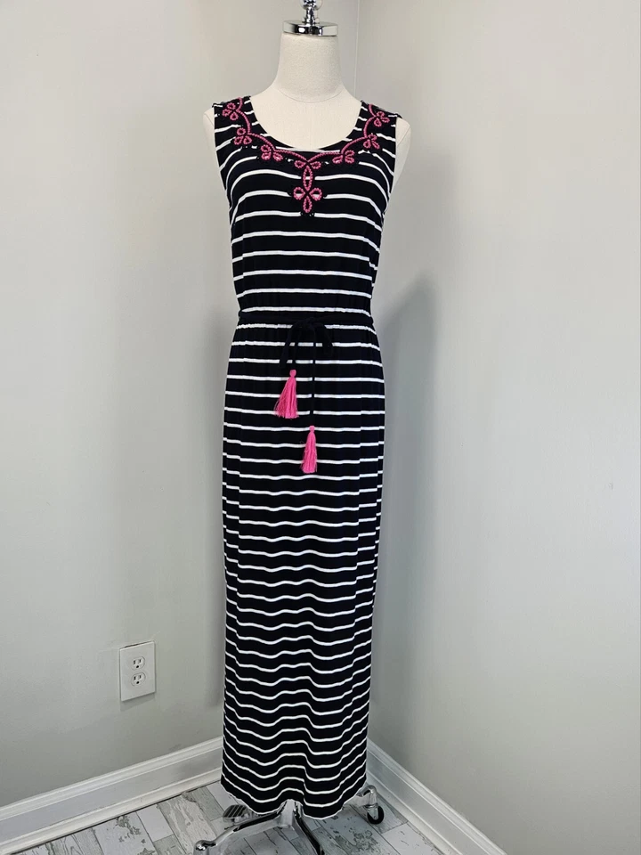 Maxi Vestido Talbots Mujer Xpequeño Borlado Borla Cinturón Jersey Rayas Foto 1 de 4
