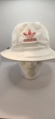 Adidas Sombrero Cubo Blanco/Rosa 100% Algodón Trifolio Logo Bordado  Foto 1 de 4