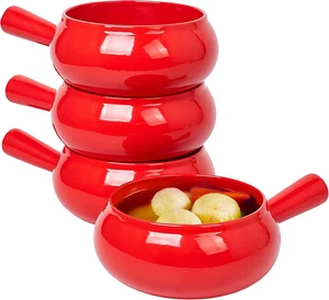 Set aus 4 roten 17 Unzen runden Suppenschüsseln mit Griffen für Küche oder Tisch - Bild 1 von 9