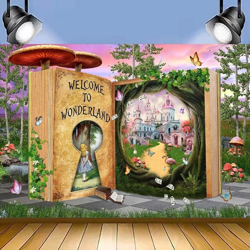 Alicia en el País de las Maravillas Telón de Fondo Libros de Cuentos de Hadas Fiesta de Cumpleaños Fondo Banner Foto 1 de 3