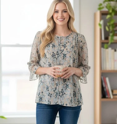 LC Lauren Conrad Size  S Blouse Pintuck Floral Cream Granny Cottagecore Peasant - Image 1 of 4