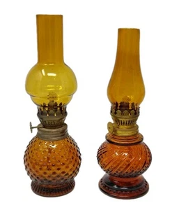 Vintage Mini Hobnail Amber Glass Oil Lamp Beaded Swirl Globe Chimney Small Set 2 - Picture 1 of 8
