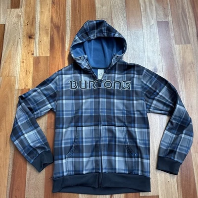 Burton Snowboards Hoodie Mens Medium M Gray Blue Plaid DRYRIDE Fleece Full Zip - Image 1 of 4