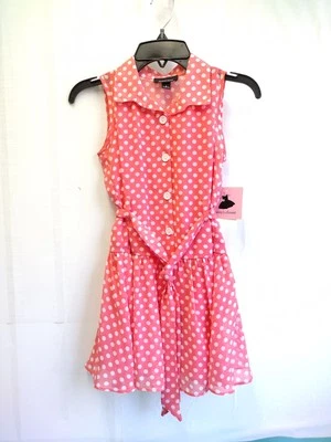 NWT Amy's Closet Girls Belted Polka Dot A-Line Chiffon Dress Lined Coral Peach 6 - Image 1 of 4