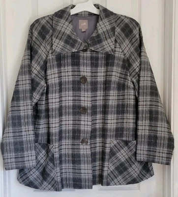 J Jill XL 码格子外套纽扣夹克羊毛混纺灰色/棕色前口袋 — 第 1/4 张图片