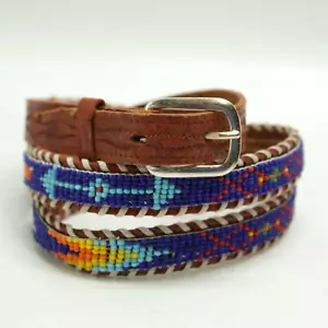 Vtg Thunderbird Beaded Belt L Multicolor Etched Leather Trim Native American Adj - Picture 1 of 14