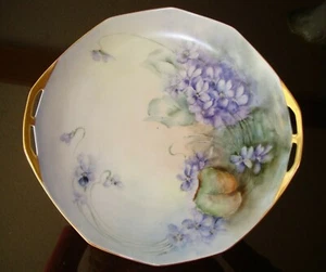 ANTIQUE M.Z. AUSTRIA HAND PAINTED CAKE PLATE, SERVING TRAY, VIOLETS ART DECO 11" - Picture 1 of 6