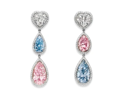 Lab-Created Halo Style Diamonds, Pink Sapphires & Sea Aquamarines Drops Earrings - Image 1 of 4