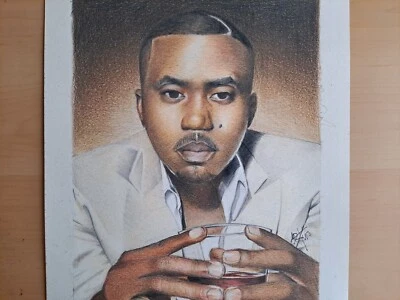 Lápiz de colores original de 11x14 pulgadas dibujo de icono de rap Nas Foto 1 de 3