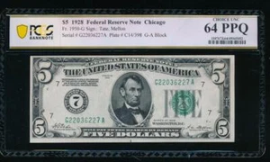 AC NUMERICAL 1928 $5 Chicago FRN PCGS 64 PPQ gold clause Fr 1950-G - Picture 1 of 2