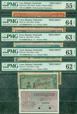 Laos 1957/62 Specimen set of 6 notes: 1 to 50 Kip P. 1s; 2s; 3s; 4s; 5s1 & P. 8s Cover