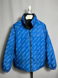 Lacoste L!VE Men's Print Short Reversible Down Puffer Jacket Blue and Black - Picture 1 of 16
