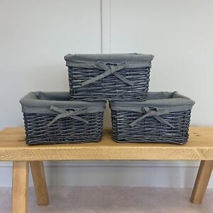 Set of 3 Dark Grey Natural Wicker Shelf Baskets Lined Hampers Storage Trays