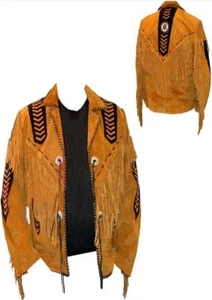 Men Golden Brown Suede Western Cowboy Leather Jacket With Fringes & Bead Work - Picture 1 of 3