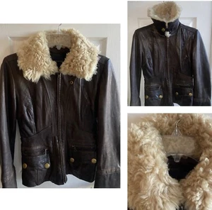 Banana Republic Motorcycle Jacket Womens XS Brown Leather Biker Shearling Collar - Picture 1 of 23