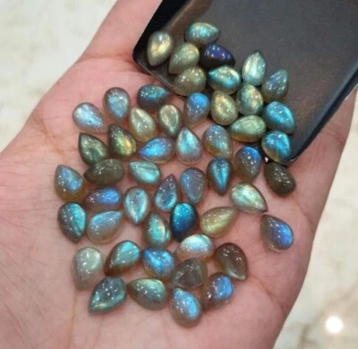 Labradorite AAA+ Multi Fire 7x10mm Pears Cabochons Lot | - Image 1 of 4