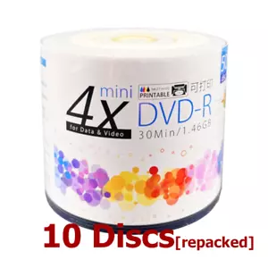 Mini Disco DVD-R 1,4 GB 4x 8 cm Mini DVD en Blanco Grabable Imprimible - 10 Discos - Imagen 1 de 2