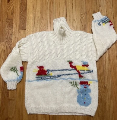 Vintage Handmade Wool Cable Knit Sweater Women’s Large Winter Scene Thick Chunky - Image 1 of 4