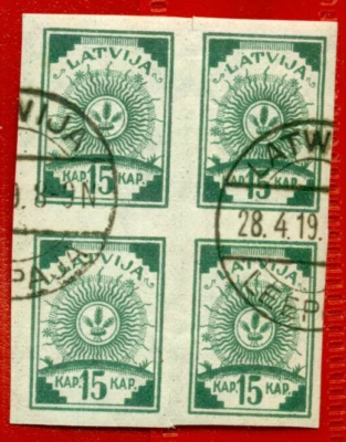 LATVIA LETTLAND BLOCK OF 4 STAMPS 15 Kop Sc. 28 1919 USED 168 - Image 1 of 2