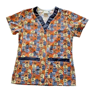 Halloween Thanksgiving Pumpkins Scrub Top Women's Men's Unisex XS V Neck Pockets - Picture 1 of 9