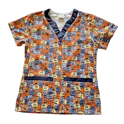 Halloween Thanksgiving Pumpkins Scrub Top Women's Men's Unisex XS V Neck Pockets - Image 1 of 4