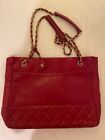 CHANEL Vintage red calfskin classic shoulder tote bag with gold tone chains and