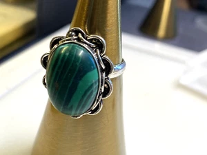 Sterling Silver 925 Ring Malachite Green 6.45g Size T1/2 - Picture 1 of 5